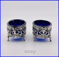 Antique European Pair salt Cellar 800 Sterling Silver Blue Crystal