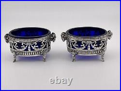 Antique European Pair salt Cellar 800 Sterling Silver Blue Crystal