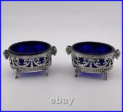 Antique European Pair salt Cellar 800 Sterling Silver Blue Crystal