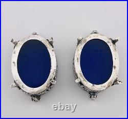 Antique European Pair salt Cellar 800 Sterling Silver Blue Crystal