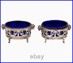 Antique European Pair salt Cellar 800 Sterling Silver Blue Crystal