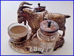 Antique Figural Silver Plate Goat Salt Cellar With Spoon