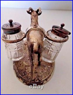 Antique Figural Silver Plate Goat Salt Cellar With Spoon