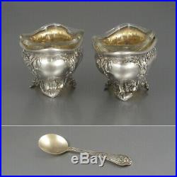 Antique French Art Nouveau Silver Plated Gilded Salt Cellars with Spoon, Ravinet
