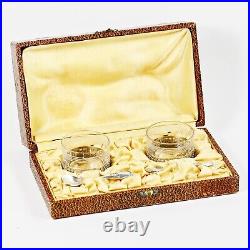 Antique French Open Salt cellars Box Silver plated holders spoons h/blown glass