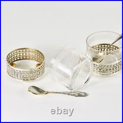 Antique French Open Salt cellars Box Silver plated holders spoons h/blown glass