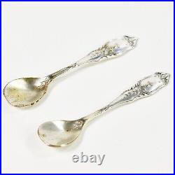 Antique French Open Salt cellars Box Silver plated holders spoons h/blown glass