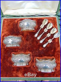 Antique French Set 4 Silver Minerva 950 Vermeil Salt Cellars & Spoons L Coignet