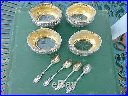 Antique French Set 4 Silver Minerva 950 Vermeil Salt Cellars & Spoons L Coignet