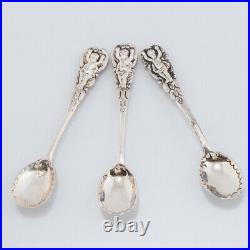 Antique French Silver Cobalt Blue Crystal Open Salt Cellar Set 3pc Spoon Cherub
