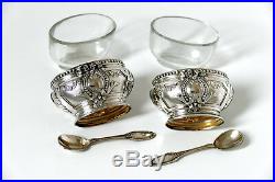 Antique French Sterling Silver 18k Gold Salt Cellars Pair, Spoons, Original Box