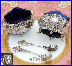 Antique French Sterling Silver 2pc Open Salt Set, Louis XVI Style, Cobalt Glass
