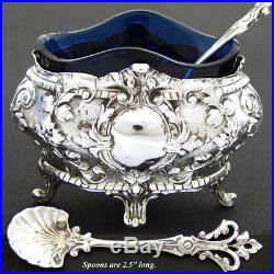 Antique French Sterling Silver 2pc Open Salt Set, Louis XVI Style, Cobalt Glass