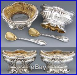 Antique French Sterling Silver 4pc Open Salt Set, Empire Style, Glass Inserts
