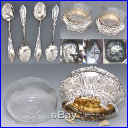 Antique French Sterling Silver 4pc Open Salt Set, Ornate Style, Glass Inserts