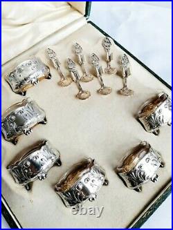 Antique French Sterling Silver Art Nouveau 6 Salt Cellars Set & 6 Spoons Boxed