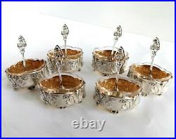 Antique French Sterling Silver Art Nouveau 6 Salt Cellars Set & 6 Spoons Boxed