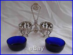 Antique French Sterling Silver, Blue Cobalt Crystal Salt Cellar, Louis XV Style