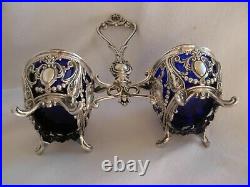 Antique French Sterling Silver, Blue Crystal Double Salt Cellars, Late XIX