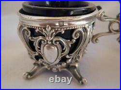 Antique French Sterling Silver, Blue Crystal Double Salt Cellars, Late XIX
