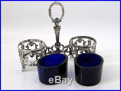 Antique French Sterling Silver & Cobalt Glass Open Salt Caddy Napoleon III