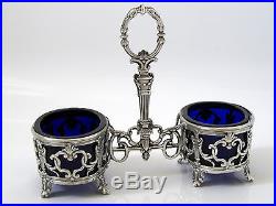 Antique French Sterling Silver & Cobalt Glass Open Salt Caddy Napoleon III