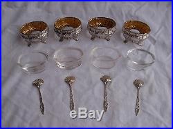 Antique French Sterling Silver, Crystal Salt Cellar, Set Of 4, Louis XV Style