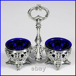 Antique French Sterling Silver Double Open Salt Cellar, Cobalt Blue Glass Liners