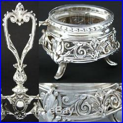 Antique French Sterling Silver Double Open Salt, Ornate Acanthus, Glass Inserts