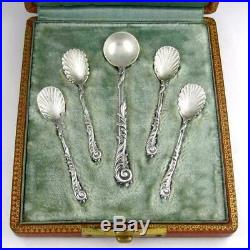 Antique French Sterling Silver Open Salt Cellar & Mustard Pot Spoons 5pc Set Box