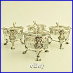 Antique French Sterling Silver Open Salt Cellars 4pc Set withSpoon Crystal Dish