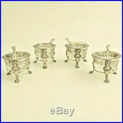 Antique French Sterling Silver Open Salt Cellars 4pc Set withSpoon Crystal Dish
