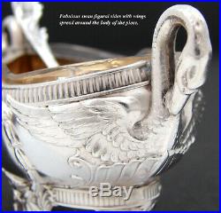 Antique French Sterling Silver Open Salt with Spoon, Elegant Swan Figures