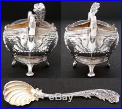 Antique French Sterling Silver Open Salt with Spoon, Elegant Swan Figures