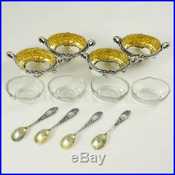 Antique French Sterling Silver SWAN Empire Open Salt Cellars, Spoons, Boxed Set