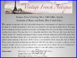 Antique French Sterling Silver Salt Cellar, Angels, Garlands Roses Fruits, Blue