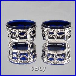 Antique French Sterling Silver Salt Cellars, Neoclassic, Blue Cobalt Liners