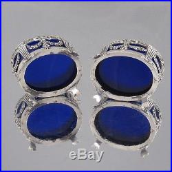 Antique French Sterling Silver Salt Cellars, Neoclassic, Blue Cobalt Liners