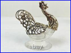 Antique German Sterling Silver 835 Crystal Rooster Salt Cellar Moving Wings 1920