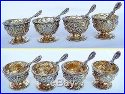 Antique Gilt Silver 4 open Salts w matching Spoons & Armorial R Hennell (#4510)