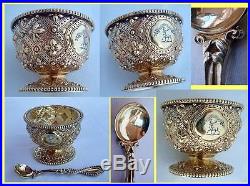Antique Gilt Silver 4 open Salts w matching Spoons & Armorial R Hennell (#4510)