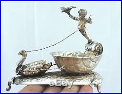 Antique Hanau Novelty Solid Silver Cherub Swan Salt Cellar And Matching Spoon