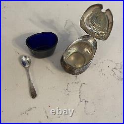 Antique IFS English STERLING silver condiment pot COBALT GLASS INSERT SPOON