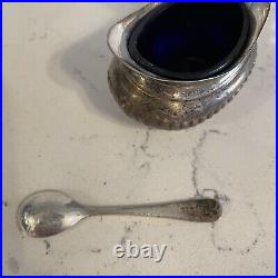 Antique IFS English STERLING silver condiment pot COBALT GLASS INSERT SPOON