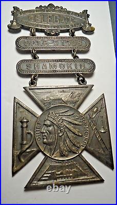 Antique LARGE Firemen's Convention Badge Medal SHAMOKIN PA 1908 Indian Chief