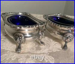 Antique Pair Silver and Cobalt Blue Lion Footed Salt Cellars Spoon MS England