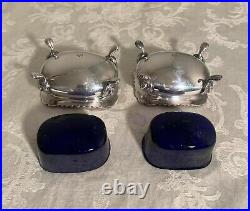 Antique Pair Silver and Cobalt Blue Lion Footed Salt Cellars Spoon MS England