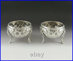Antique Pair c1910 Kirk Art Nouveau Sterling Silver Floral Repousse Salt Cellars