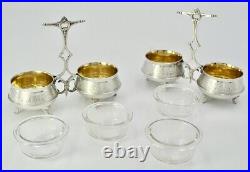 Antique Pair of Double Salt Cellars Sterling Silver Vermeil Glass Late 19th C