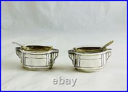 Antique Pair of French Silver Salt Cellars 20th Century WithGlass Inserts & Spoons